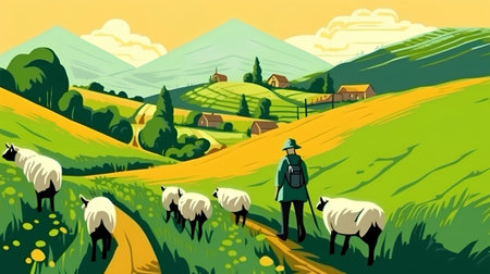 Sheep and farmer in the field. Illustration in vector formatの素材