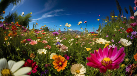 Colorful flowers in the meadow with mountains in the background.の素材