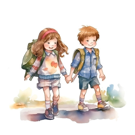 Watercolor illustration of a boy and girl with backpacks on a walkの素材