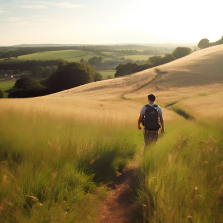 Hiker on the trail in the countryside at sunset, England.の素材