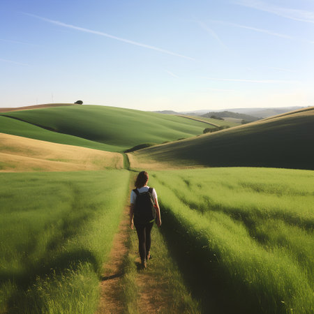 A young woman walking in a field of green grass in Tuscanyの素材