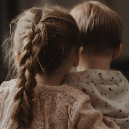 Two little girls with braids looking at each other, back viewの素材