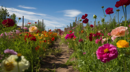 summer meadow with colorful flowers and path in front of blue skyの素材