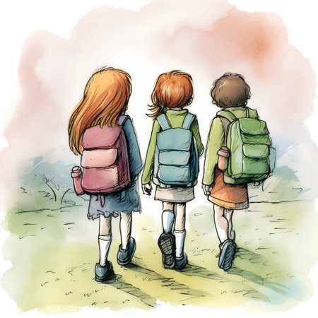 Watercolor illustration of a group of children with backpacks walking in the parkの素材