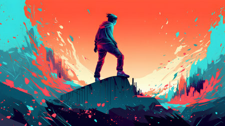 Hipster man standing on top of a mountain. Vector illustration.の素材