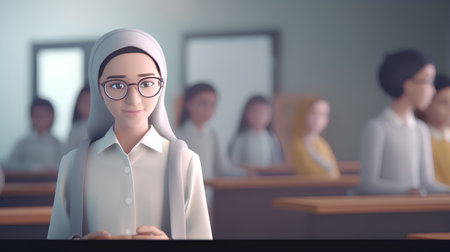 Young muslim businesswoman with group of people in background at officeの素材
