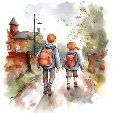 Watercolor illustration of two children walking in the street with backpacksの素材