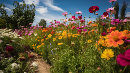 Colorful cosmos flowers in the garden with blue sky and white cloudsの素材