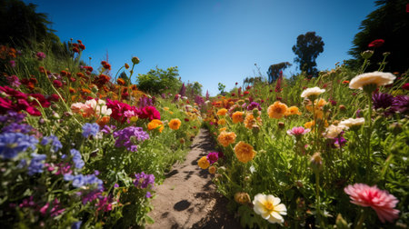 Flower garden with path and colorful flowers at sunny summer day.の素材