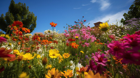 Colorful flower garden with blue sky and clouds in summer time.の素材