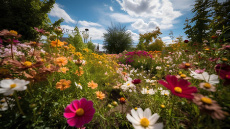 Colorful flowers in the garden with blue sky and white clouds.の素材