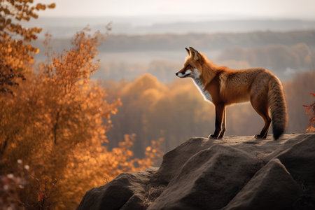 Red fox standing on a rock in the autumn forest at sunset.の素材
