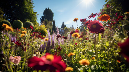 Beautiful summer garden with blooming flowers, sun and blue skyの素材