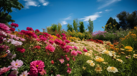 Colorful flowers in the garden with blue sky and white clouds.の素材