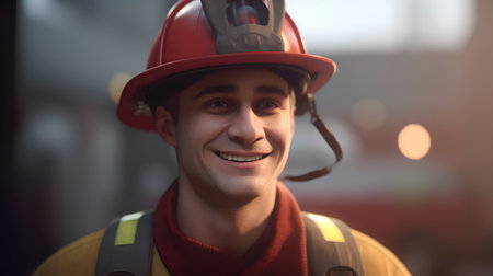 Portrait of a firefighter in a hardhat smiling at the cameraの素材