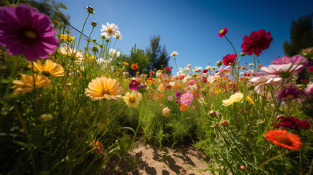 Colorful cosmos flowers in the garden on a sunny day. Nature backgroundの素材