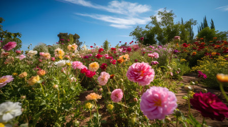 Colorful flowers in the garden with blue sky and white clouds.の素材