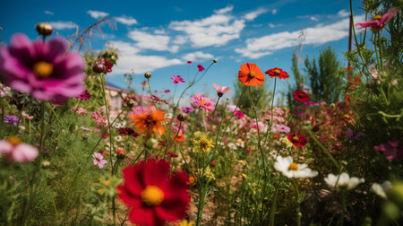 Beautiful meadow with red and pink cosmos flowers and blue skyの素材