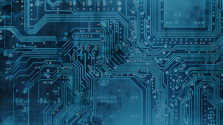 Computer circuit board background with some damage on it. Blue tonedの素材