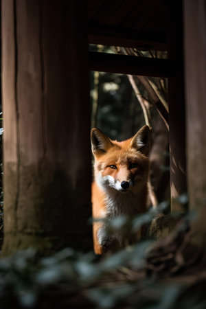 Red fox in a zoo, looking through the hole in the fenceの素材