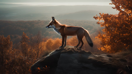 Red fox standing on the edge of a cliff in the autumn forestの素材