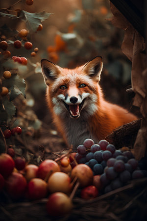 Beautiful red fox in the autumn forest. Cute fox portrait.の素材