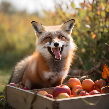 red fox in a box full of apples, fall season, UKの素材