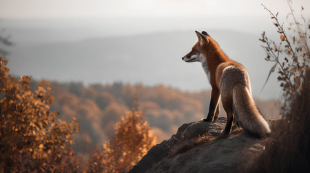 Red fox (Vulpes vulpes) standing on top of a rock in autumnの素材