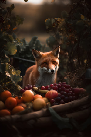 red fox in a basket of fruits and vegetables in the autumn forestの素材