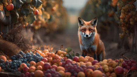 Red fox in a vineyard with plums and grapes. Autumn season.の素材