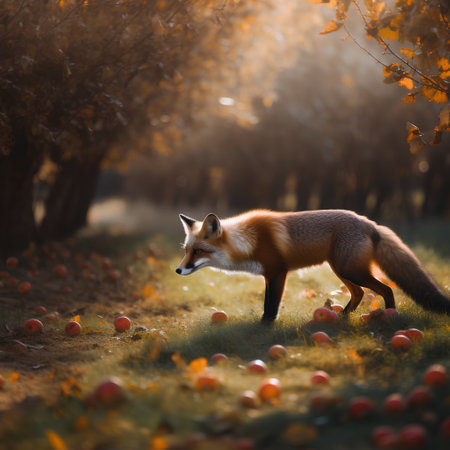 Red fox in the autumn forest with apples. Beautiful nature scene.の素材