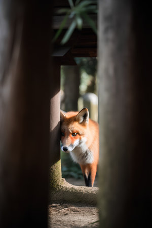 Red fox looking out of a hole in a tree in a parkの素材