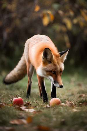Red fox (Vulpes vulpes) eating apples in autumn forestの素材