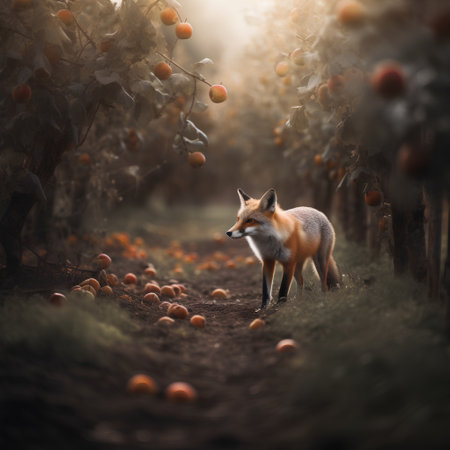 Red fox in an apple orchard in autumn, UK. Horizontalの素材