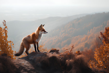 Red fox standing on top of a cliff in the autumn forest.の素材