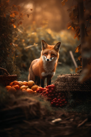 Red fox in the autumn forest with pumpkins and basket of applesの素材