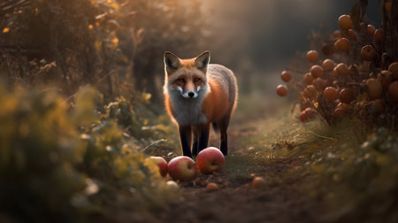 Red fox with apples in the forest at sunset. Wildlife scene from nature.の素材