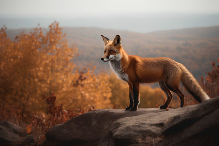 Red fox standing on a rock and looking at the camera in autumn forestの素材