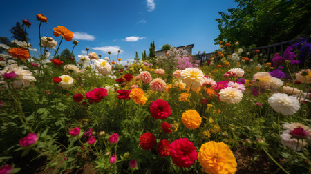 Colorful flowers in the garden with blue sky and white clouds.の素材