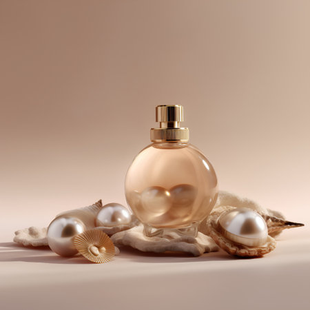Perfume bottle with pearls and shells on beige backgroundの素材