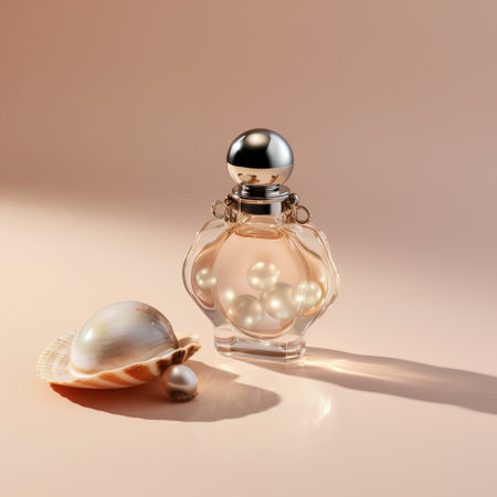Perfume bottle with pearls and seashell on beige backgroundの素材