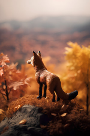 Wooden toy fox on a background of autumn forest. Autumn conceptの素材