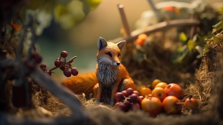 Little fox in a basket of berries in the autumn forest. Selective focus.の素材