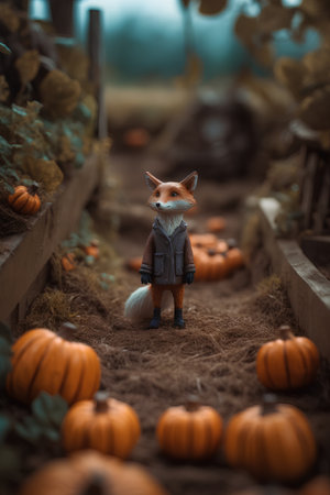 Cute little fox in a pumpkin patch on Halloween. Selective focus.の素材