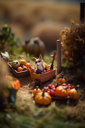 Halloween still life with pumpkins, Jack O Lanterns and dogの素材