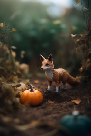 Funny toy fox with pumpkins in the forest. Halloween concept.の素材