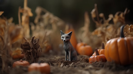 Red fox, vulpes vulpes, in front of a pumpkin patchの素材