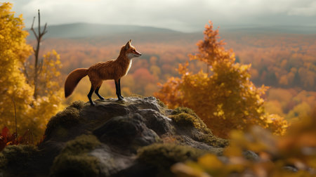 Red fox standing on the rock in the autumn forest. 3d renderの素材