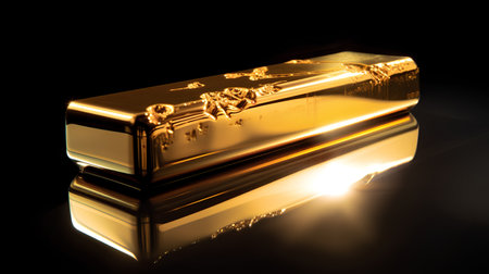 Gold bar on a black background with reflection. 3d illustration.の素材