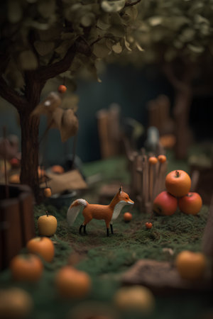 Fairytale scene with a little fox in an apple tree.の素材